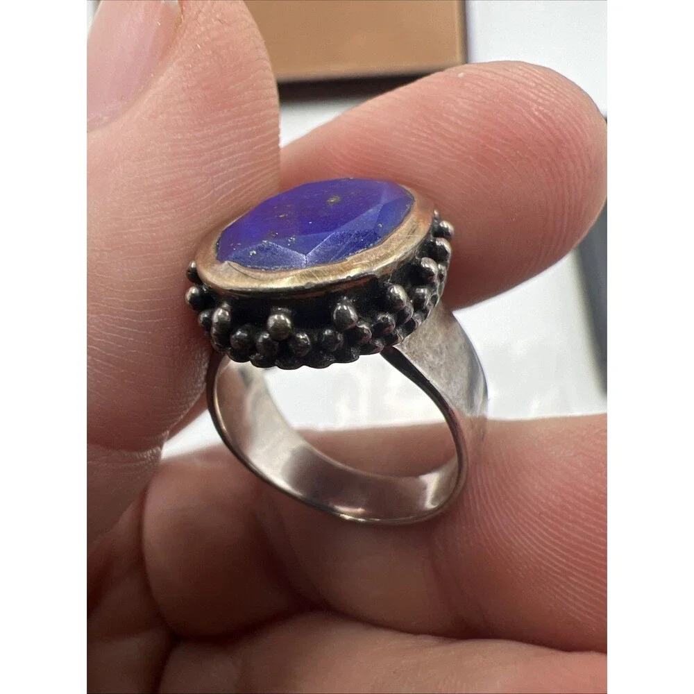 Stunning Blue Lapis Lazuli Caviar Cable 925 Silver & 14K Gold SZ 5.75 6.69 Gram